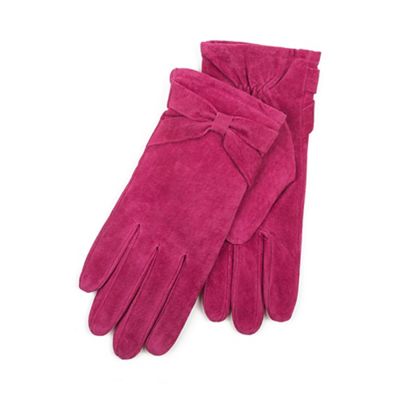 Ladies Dark Pink Genuine Suede Glove with Bow Detail